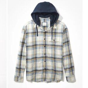 American Eagle NWOT AE Hooded Flannel Blue White Plaid Button Up Shirt Sz L
